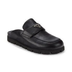 PRADA Women's Sabot Leather Mules Metal Triangle Logo Size 39 - US New w/ Flaws